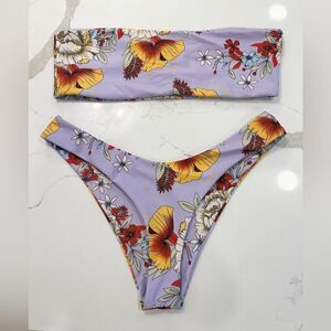 Zaful Strapless High Cut Purple Floral Bikini